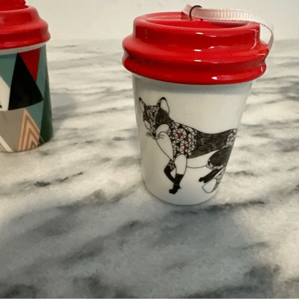Starbucks Holiday Themed Mini Coffee Cup Ornaments Set of 4 Fox,Geometric, 2017